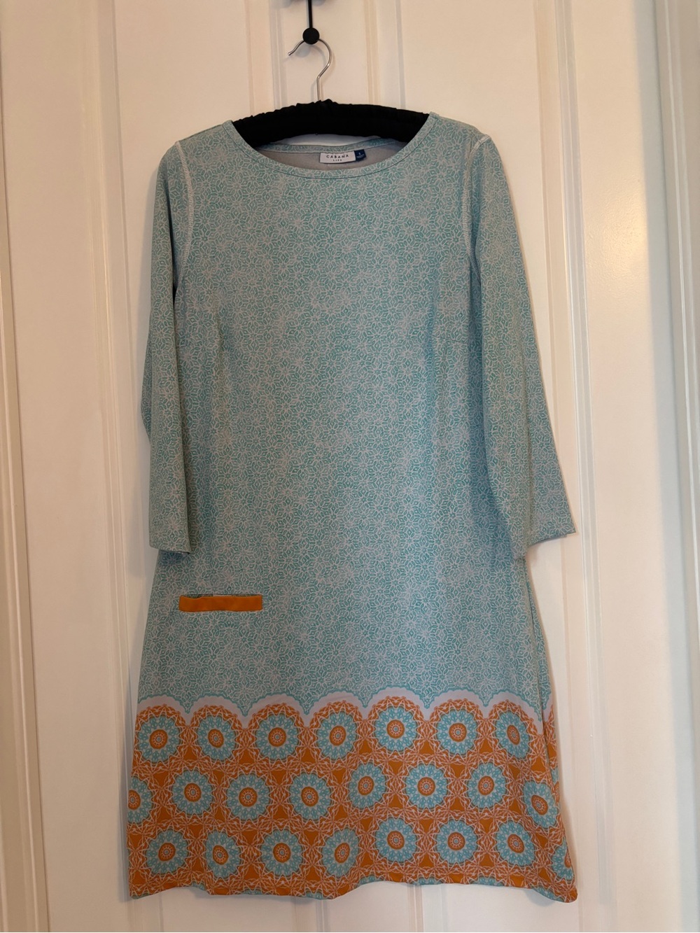 Cabana Life Blue Patterned Shift Dress with Orange Border. Size S